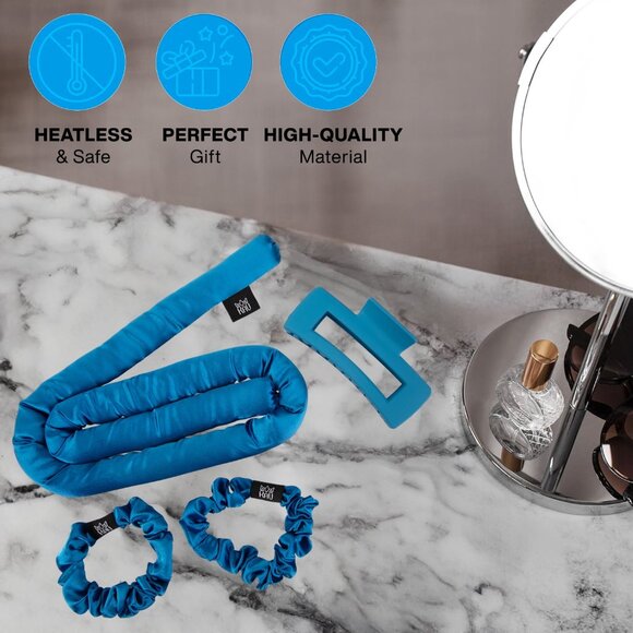 KAV Satin Heatless Curling Rod with Clip and Scrunchie Set, 4pcs set - Blue - Picture 3 of 6